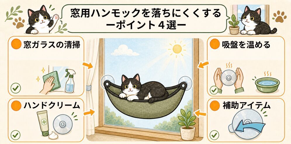 窓用ハンモックがおちにくくする方法