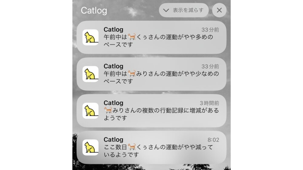 Catlogは猫たちの行動の変化を毎日通知してくれます。