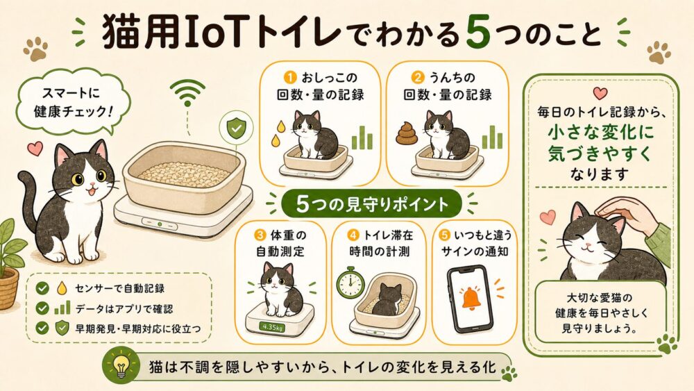 猫のIOTトイレでわかる５つのこと　①おしっこ量・回数　②うんち量・回数　③体重　④トイレ滞在時間　⑤いつもと違うサインの通知